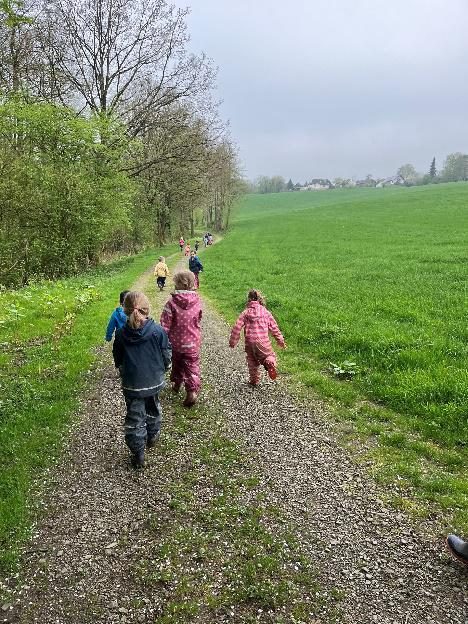 Kinder auf einem Spaziergang zum nahegelegenen Waldstück